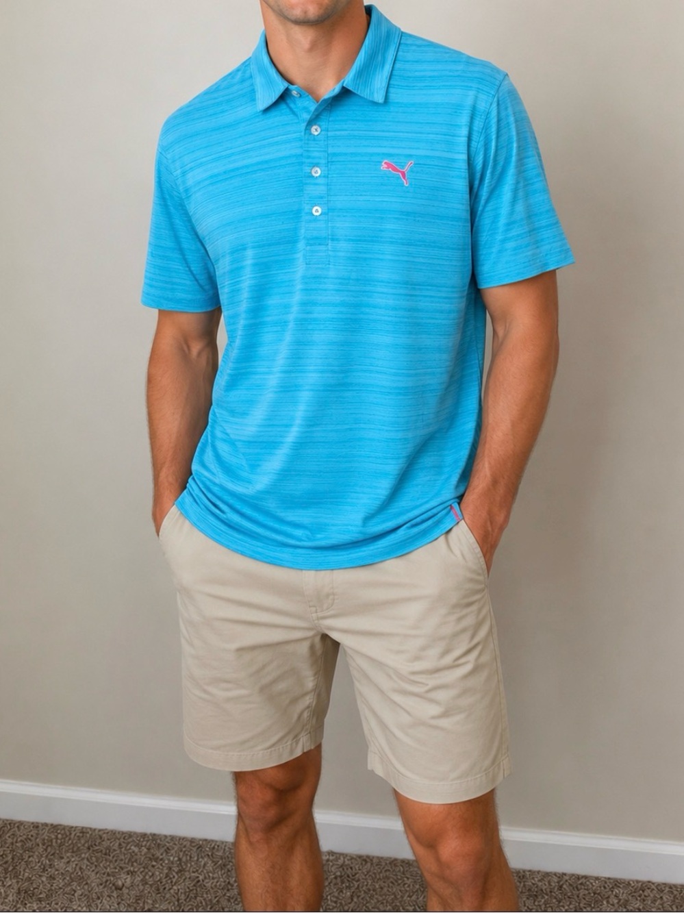 Puma Men’s Bright Aqua Polo Shirt with Pink Logo